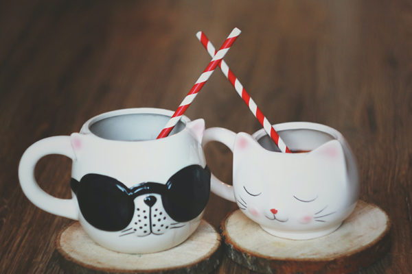 Two cat shaped mugs with ears and red striped straws. One cat mug has sunglasses.