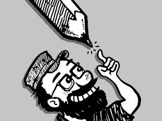 a cartoon of eric pointing to a pencil