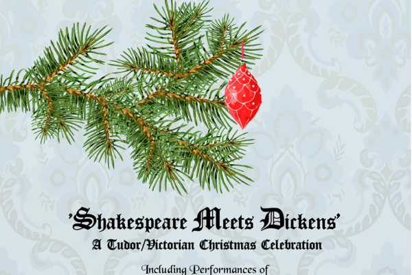 Poster for Shakespeare meets Dickens with a pine bough holding a red ornament