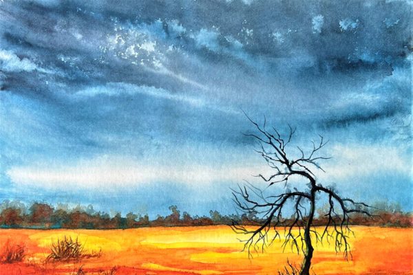 watercolour painting of a deep blue sky, with a bright orange and yellow landscape and the silhouette of a tree