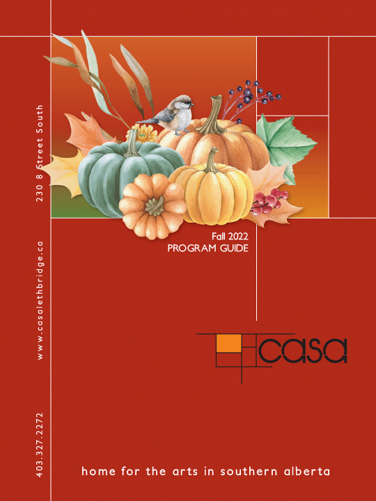 Cover of the Fall 2022 Casa Program Guide in brick orange with and illustration of pumpkins, leaves and a chickadee.