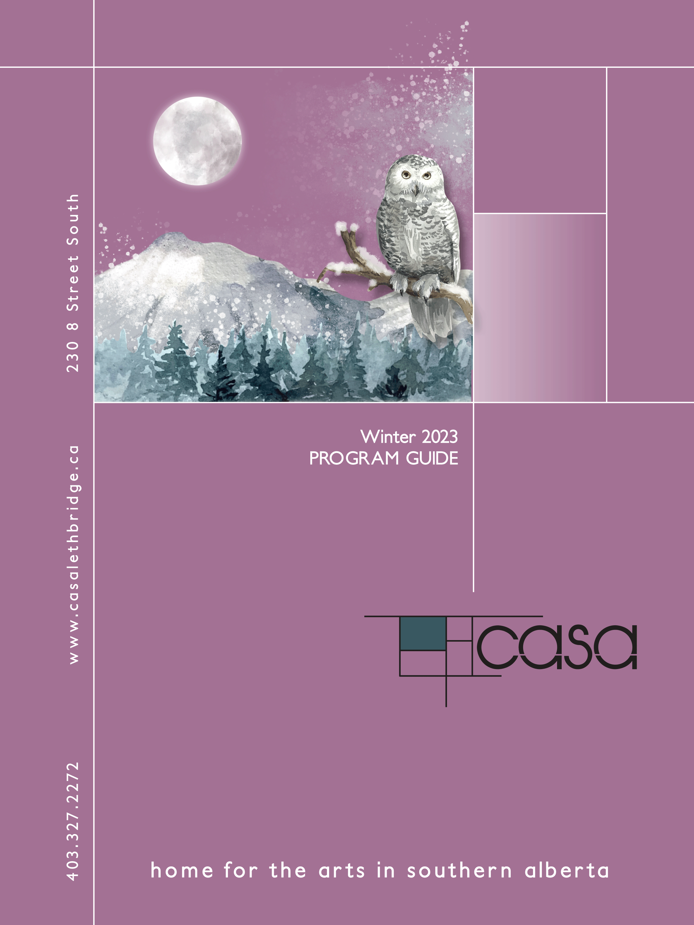 Casa 2023 Winter Program Guide in purple with a snowy owl in front of a full moon.