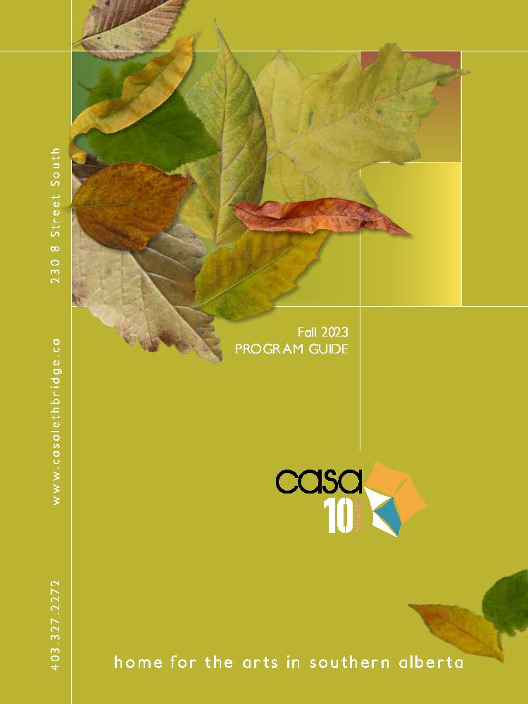The cover of the Fall 2023 Casa Program Guide which is a light olive green covered with a variety of fall leaves. 