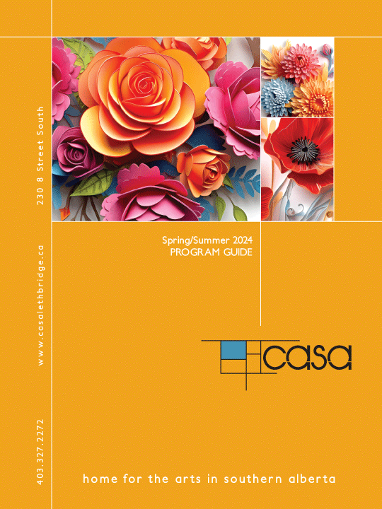 The cover of the Spring/Summer 2024 Casa Program Guide with a marigold cover and paper flower collage.