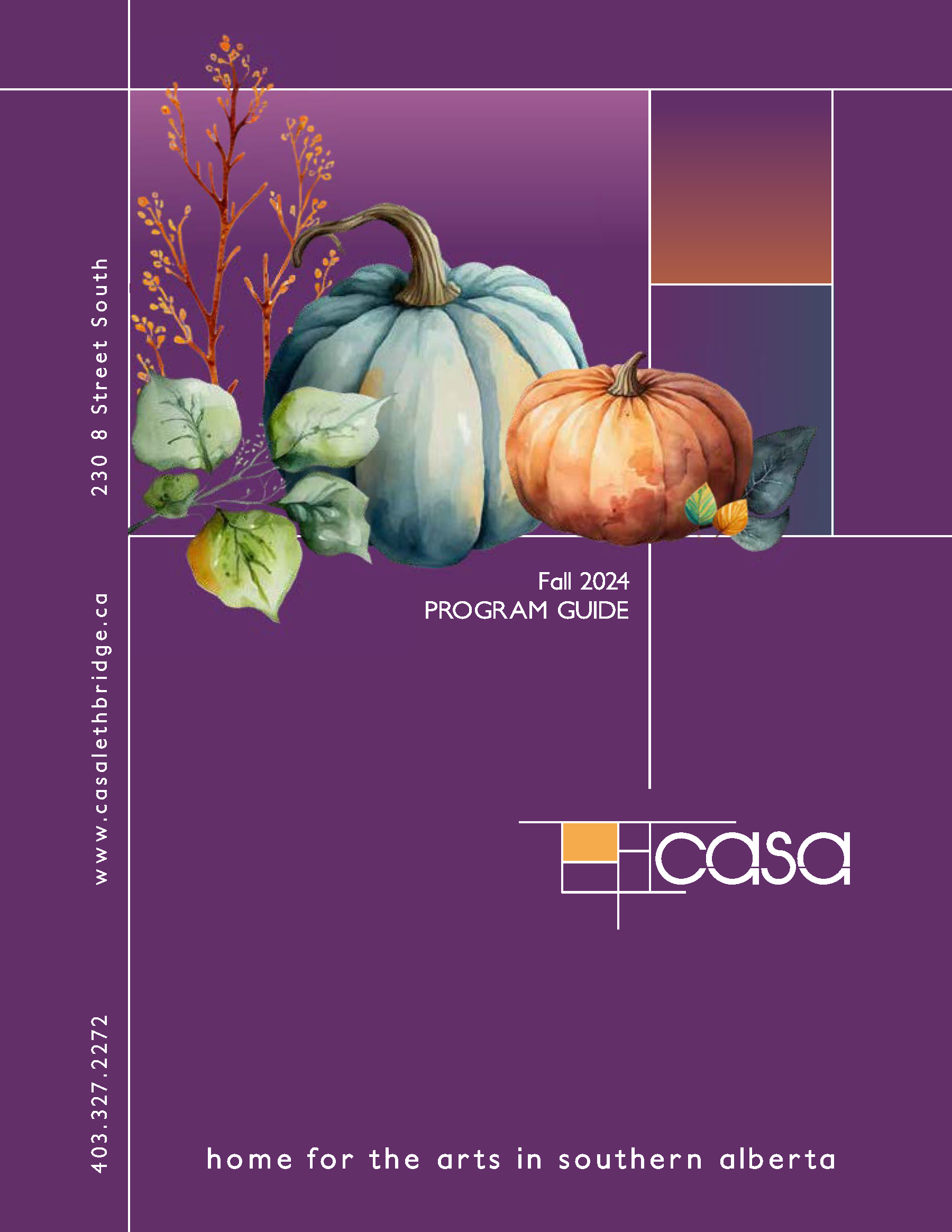 Image of the cover of the Call Fall Program guide 2024 that is purple with watercolour pumpkins