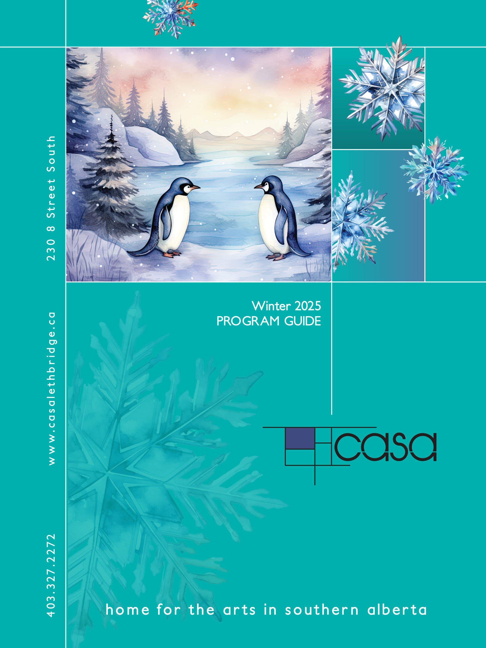 Turquoise blue guide of the Casa Winter Program Guide with a winter landscape and two penguins.