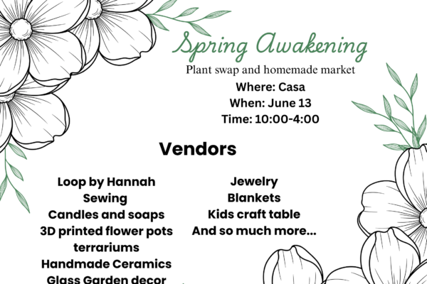 Poster on white background with white flowers with event details