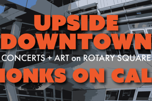 Upside Downtown wordmark with band name in orange against a graphic image of Casa's front door