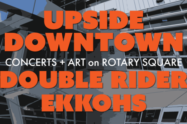 Upside Downtown wordmark with band name in orange against a graphic image of Casa's front door