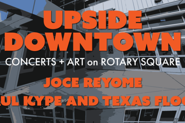Upside Downtown wordmark with band name in orange against a graphic image of Casa's front door