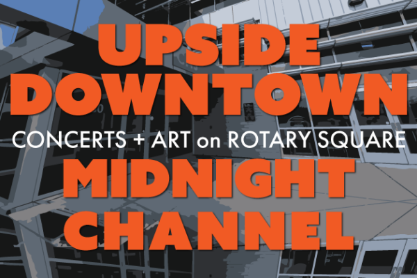 Upside Downtown wordmark with band name in orange against a graphic image of Casa's front door