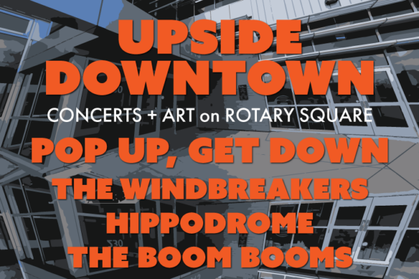 Upside Downtown wordmark with band name in orange against a graphic image of Casa's front door