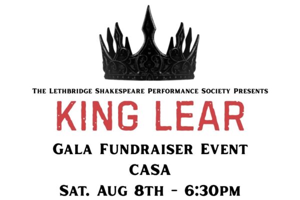 Crown and blood splatter with the advertising details for King Lear