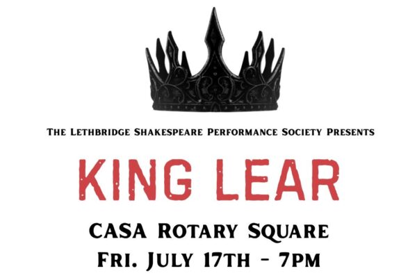 Crown and blood splatter with the advertising details for King Lear