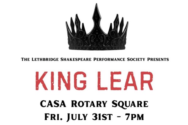 Crown and blood splatter with the advertising details for King Lear